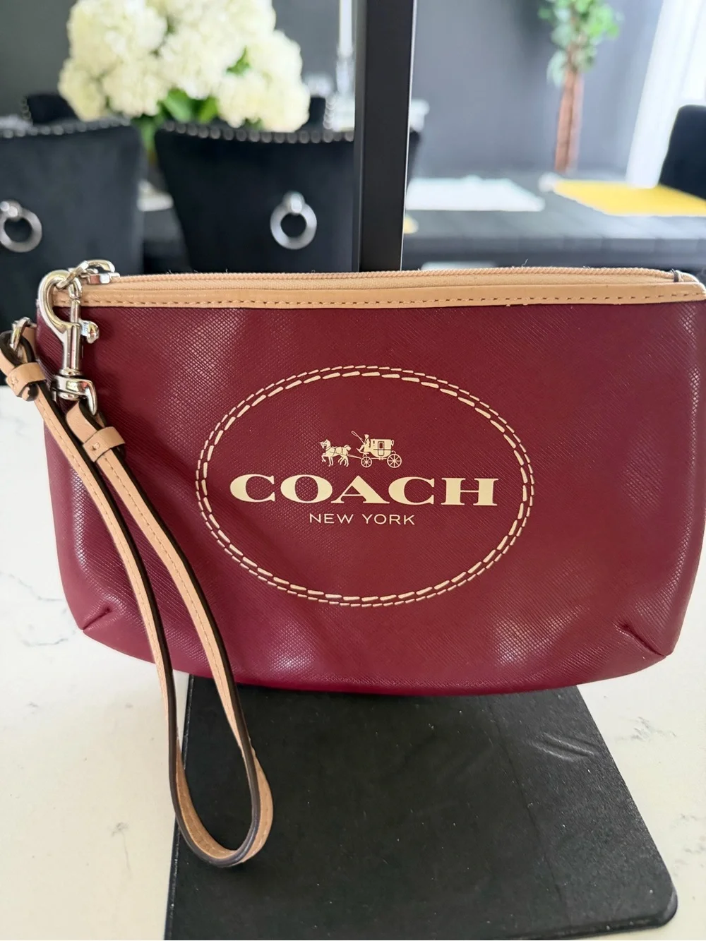 Coach Wristlet in Maroon with Tan Trim